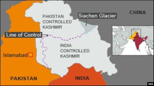 Map showing India and Pakistan controlled Kashmir and the Line of Control