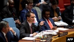 Venezuelan Foreign Minister Jorge Arreaza speaks to the United Nations Security Council meeting on Venezuela, Feb. 26, 2019, at the United Nations in New York City. 
