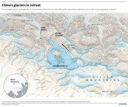 Graphic shows the glacier Laohugou No 12 in the Qilian mountains. The glacier have shrunk by about 7% since the 1950s