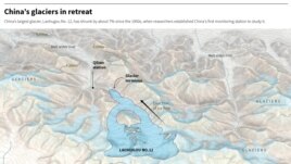 Graphic shows the glacier Laohugou No 12 in the Qilian mountains. The glacier have shrunk by about 7% since the 1950s