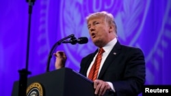 Presiden Donald Trump saat berbicara di konvensi nasional veteran Legiun Amerika di Nevada, 23 Agustus 2017.