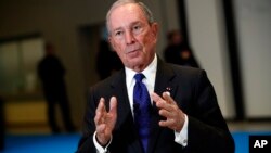 Special envoy to the United Nations for climate change Michael Bloomberg addresses the media at the One Planet Summit, near Paris, Dec. 12, 2017. 