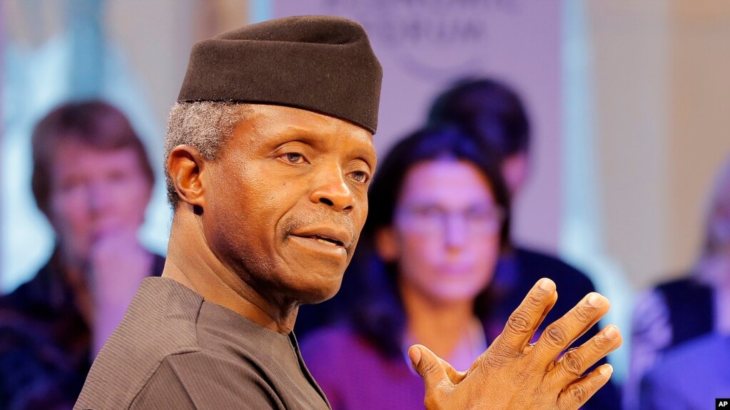 FILE - Yemi Osinbajo, the leader of Nigeria while President Muhammadu Buhari is on medical leave, speaks at the World Economic Forum in Davos, Switzerland, Jan. 17, 2017. 