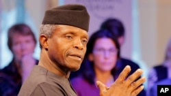 FILE - Yemi Osinbajo, the leader of Nigeria while President Muhammadu Buhari is on medical leave, speaks at the World Economic Forum in Davos, Switzerland, Jan. 17, 2017. 