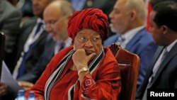 FILE - Liberia's President Ellen Johnson-Sirleaf attends a conference in Nairobi, Kenya, Aug. 27, 2016.