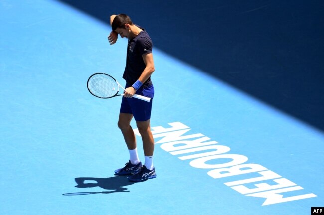 Novak Djokovic of Serbia wipes the sweat from his brow during a practice session ahead of the Australian Open at the Melbourne Park tennis centre in Melbourne on January 12, 2022. (Photo by William WEST / AFP)