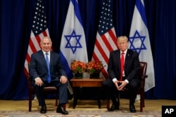 Presidente de EE.UU. Donald Trump y primer ministro de Israel Benjamin Netanyahu en Nueva York, se reúnen al margen de la Asamblea General de la ONU. Sept.18, 2017.