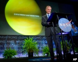 FILE - In this photo provided by NASA, Administrator Bill Nelson speaks to employees, at the agency's headquarters in the Mary W. Jackson Building in Washington, June 2, 2021.