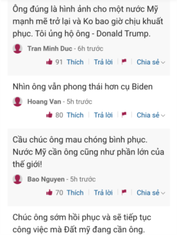 Những lời bình luận quan tâm và ủng hộ ông Donald Trump trên VNExpress, 4/10/2020