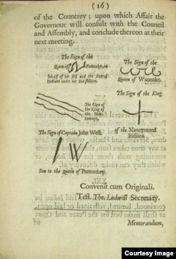 Articles of Peace, signed May 1677 by Virginia and several Indian groups. Pamunkey leader Cockacoeske signed not only for her community, but also for the Rappahannock and the Chickahominy. Courtesy: Va. Foundation for the Humanities