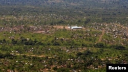 A view from a helicopter shows Imvepi settlement camp, where South Sudanese who fled civil war are being settled, in northern Uganda, June 22, 2017