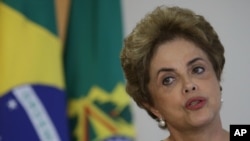 FILE - In her impeachment defense, Brazil's President Dilma Rousseff, shown speaking in Brazilia in April 2016, calls herself "a public servant dedicated to just causes."