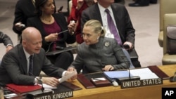 United States Secretary of State Hillary Rodham Clinton, right, speaks to United Kingdom Foreign Secretary William Hague before a UN Security Council meeting on the situation in Syria, Tuesday, Jan. 31, 2012.