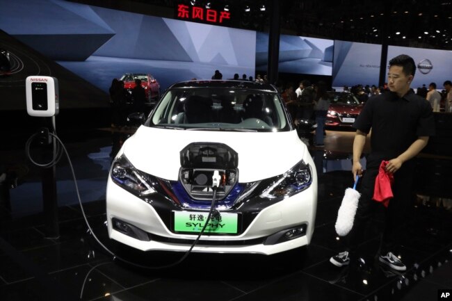 The Sylphy Zero Emission, an all-electric model designed for China is displayed at the Nissan booth during the Auto Shanghai 2019 show in Shanghai on Tuesday, April 16, 2019.