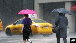 Pedestrians walk in a heavy downpour on Lexington Avenue in New York City as Hurricane Irene moves up the East Coast, August. 27, 2011