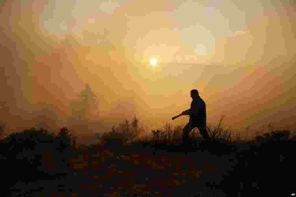 Bosnian firefighter from Pale extinguishes a forest fire at mountain Trebevic near Sarajevo.