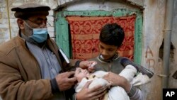 Seorang petugas kesehatan memberikan vaksin polio kepada seorang anak di Peshawar, Pakistan, Monday, Jan. 11, 2021. (AP Photo/Muhammad Sajjad)
