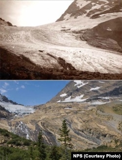 These photos of Jackson Glacier – taken in 1911 and 2009 -- show how the once-massive river of ice has shrunk in less than a century.