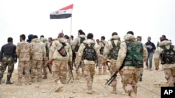 In this photo released by the Syrian official news agency SANA, Syrian soldiers gather around a Syrian national flag in Palmyra, Syria, March 27, 2016. 