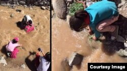 A child washing vegetables in the dirty river in Rebkong County