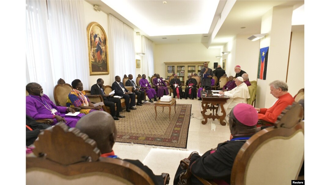 Pope Francis attends a meeting at the end of a two day Spiritual retreat with South Sudan leaders at the Vatican, April 11, 2019.
