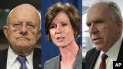 Three officials from former President Barack Obama's administration, from left, former Director of National Intelligence James Clapper, former Deputy Attorney General Sally Yates and former CIA Director John Brennan.