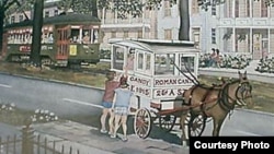 An artist captured two New Orleans institutions in one: the venerable St. Charles Avenue streetcar, and the Roman Candy Man. Even the peddler’s mule has become a bit of an icon. (www.thepastwhispers.com)