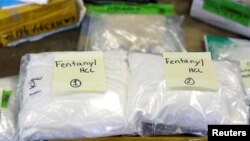 FILE - Plastic bags of Fentanyl are displayed on a table at the U.S. Customs and Border Protection area at the International Mail Facility at O'Hare International Airport in Chicago, Illinois, Nov. 29, 2017. 