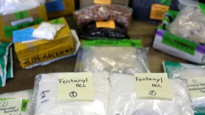 Plastik berisi Fentanyl dipajang di atas meja Badan Pabean dan Perlindungan Perbatasan AS di fasilitas pengiriman barang internasional di Bandara Internasional O'Hare di Chicago, Illinois, 29 November 2017. (Foto: dok).