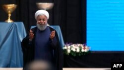 Le président iranien Hassan Rouhani lors d'un discours dans la ville de Tabriz, Azerbaïdjan, 25 avril 2018,