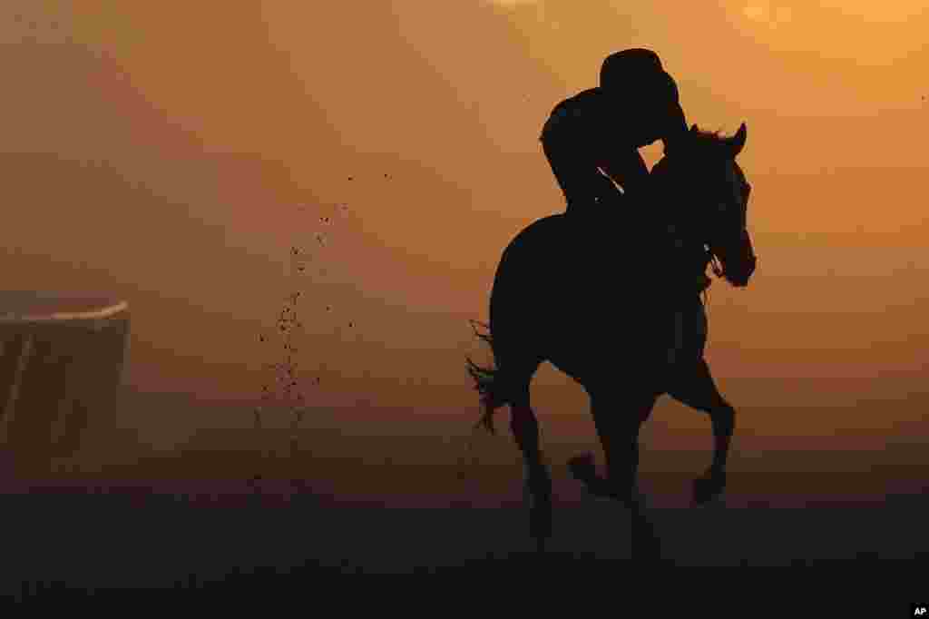 An exercise rider gallops a thoroughbred around the track during a workout at Belmont Park in Elmont, New York&#39;ta Belmont Park&#39;ta bir atlı böyle görüntülenmiş.