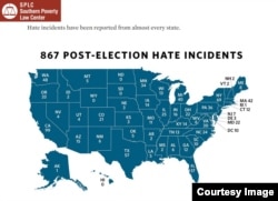 The Southern Poverty Law Center (SPLC) reports 876 of hate incidents in the 10 days following Donald Trump's election; map details number of hate incidents from almost every state, Tuesday, Nov. 29, 2016.