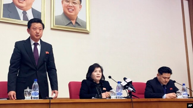 North Korean Vice Foreign Minister Choe Son Hui, center, speaks at a gathering for diplomats in Pyongyang, North Korea, March 15, 2019.
