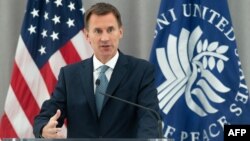 British Foreign Secretary Jeremy Hunt speaks about U.K. foreign policy and upholding the international order at the US Institute of Peace in Washington, Aug. 21, 2018. 