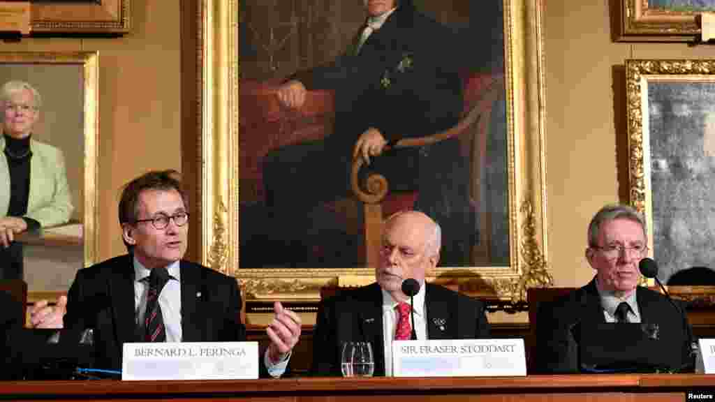 Nobel laureates in Chemistry 2016, from left, Bernard Feringa, Fraser Stoddart and Jean Pierre Sauvage attend a press conference at the Royal Swedish Academy in Stockholm, Sweden, Dec. 7, 2016.