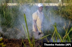 A man burns wood as he makes charcoal at Mafambisse, about 60km outside of Beira, Mozambique, Tuesday, March 26, 2019.