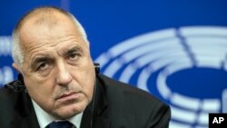 FILE - Bulgarian Prime Minister Boyko Borissov listens during a press conference at the European Parliament in Strasbourg, France, Jan. 17, 2018. Borissov's government submitted Borissov submitted the Istanbul Convention on combatting violence against women to parliament for ratification in January, only to withdraw it a few weeks later because of an uproar over its language about gender roles.