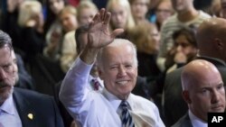 Vice President Joe Biden campaigns for Democratic presidential candidate Hillary Clinton at the Sinclair Community College Automotive Technology Building, Monday, Oct. 24, 2016, in Dayton, Ohio.