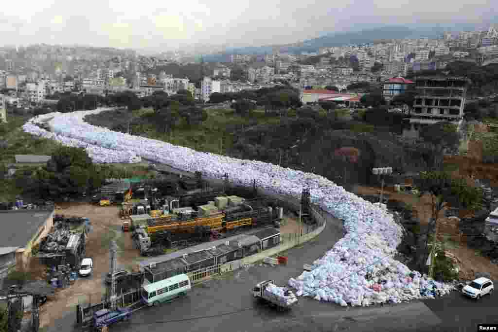 Packed garbage bags are seen in Jdeideh, Beirut, Lebanon.