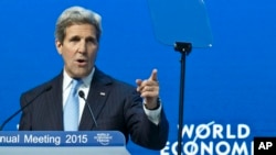 U.S. Secretary of State John Kerry speaking during a panel session at the World Economic Forum, in Davos, Switzerland, Jan. 23, 2015.