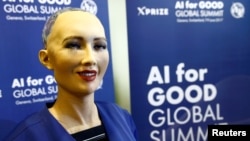 Sophia, a robot integrating the latest technologies and artificial intelligence developed by Hanson Robotics is pictured during a presentation at the "AI for Good" Global Summit at the International Telecommunication Union (ITU) in Geneva, Switzerland ,Ju