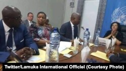 Adolphe Muzito, mokambi ya sika ya Lamuka mpo na sanza misato, akutani elongo na baninga baye ya lingomba, na Leila Zerrougui motambwisi ya MONUSCO, na Kinshasa, 9 décembre 2019. (Twitter/Lamuka International Officiel)