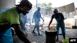 Des employés de la société bio-végétale du Congo préparent le "chikwangue", des tubercules de manioc transformés en une pâte blanche, le 10 juin 2019 à Kinshasa.