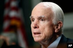 FILE - Senate Armed Services Committee Chairman Sen. John McCain, R-Ariz. speaks on Capitol Hill in Washington, June 13, 2017.