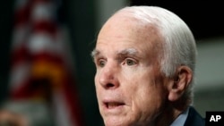 FILE - Senate Armed Services Committee Chairman Sen. John McCain, R-Ariz. speaks on Capitol Hill in Washington, June 13, 2017.