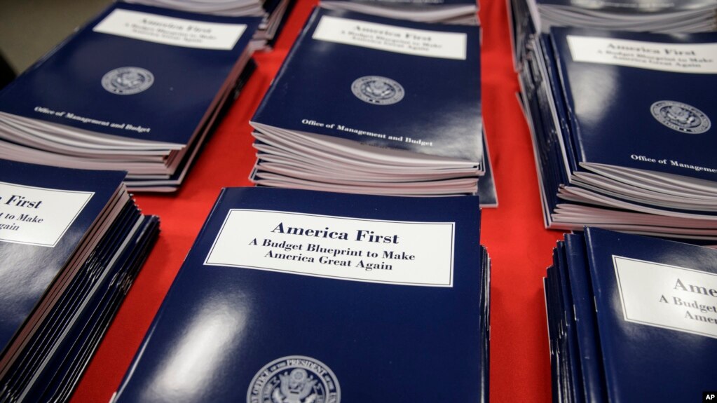 Copies of President Donald Trump's first budget are displayed at the Government Printing Office in Washington, March, 16, 2017. 