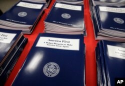 Copies of President Donald Trump's first budget are displayed at the Government Printing Office in Washington, March 16, 2017.