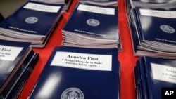 Beberapa salinan anggaran pertama dari Presiden Donald Trump diperagakan di Kantor Percetakan Milik Pemerintah di Washington, tanggal 16 Maret 2017 (foto: AP Photo/J. Scott Applewhite)