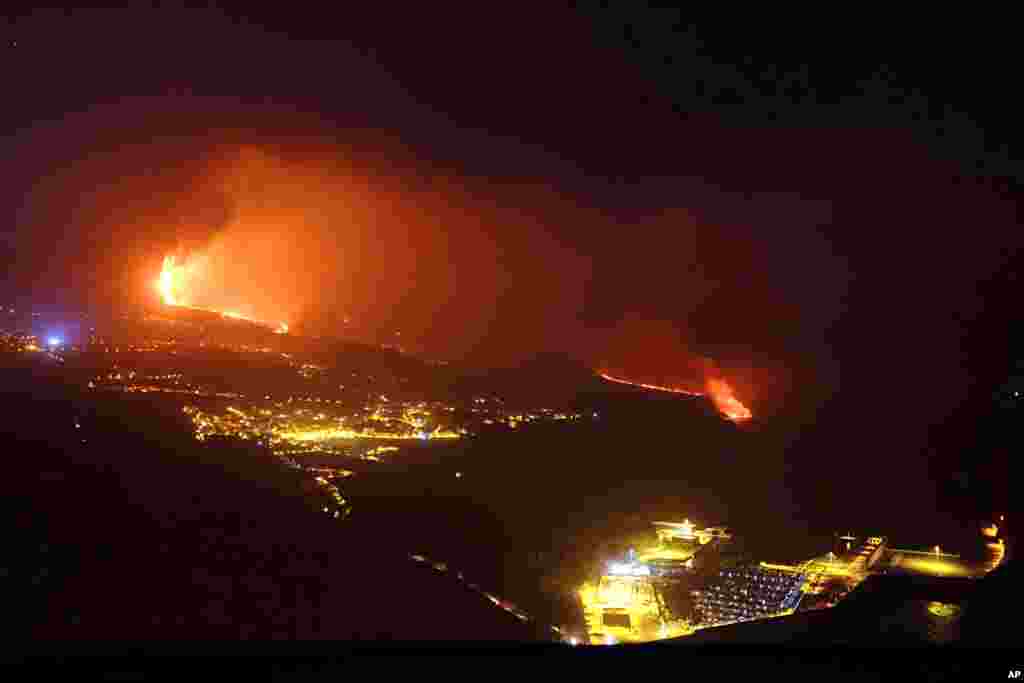 Lava from a volcano reaches the sea on the Canary island of La Palma, Spain.