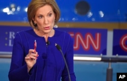 Republican presidential candidate, businesswoman Carly Fiorina, makes a point during the Republican presidential debate at the Ronald Reagan Presidential Library and Museum, Sept. 16, 2015.